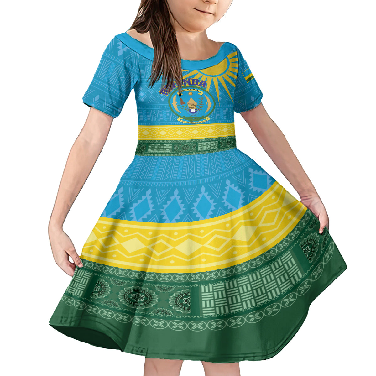 Personalized Rwanda Kid Short Sleeve Dress Coat of Arms With African Pattern