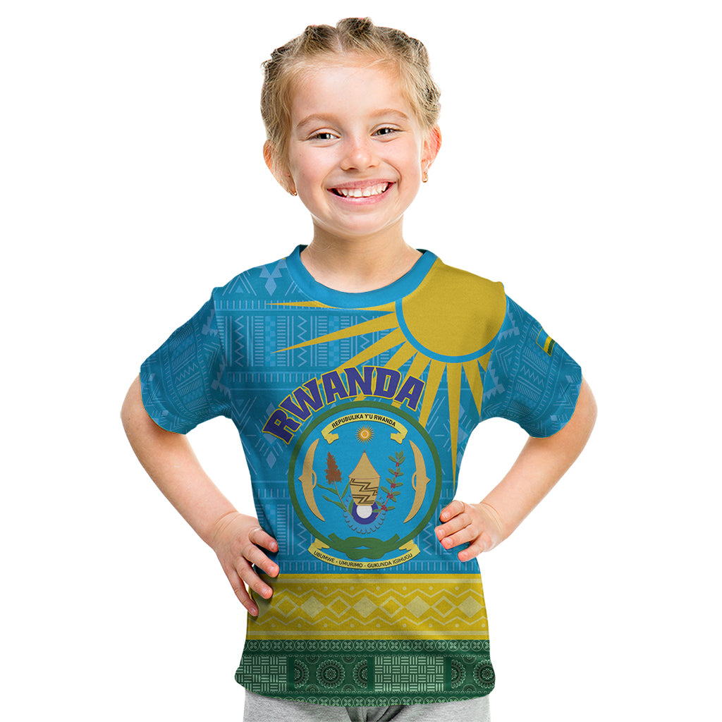 Personalized Rwanda Kid T Shirt Coat of Arms With African Pattern - Wonder Print Shop