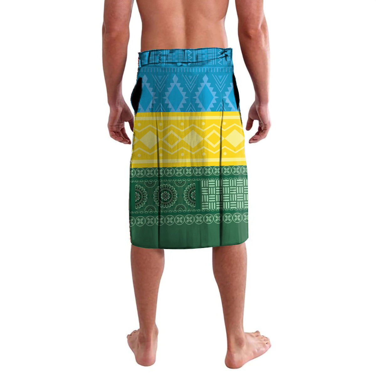 Blue, yellow, and green geometric lavalava wrap skirt with patterned trim