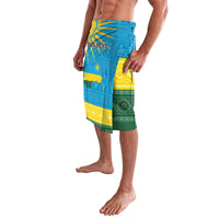 Blue lavalava wrap skirt with Rwanda crest, yellow and green border, side drape