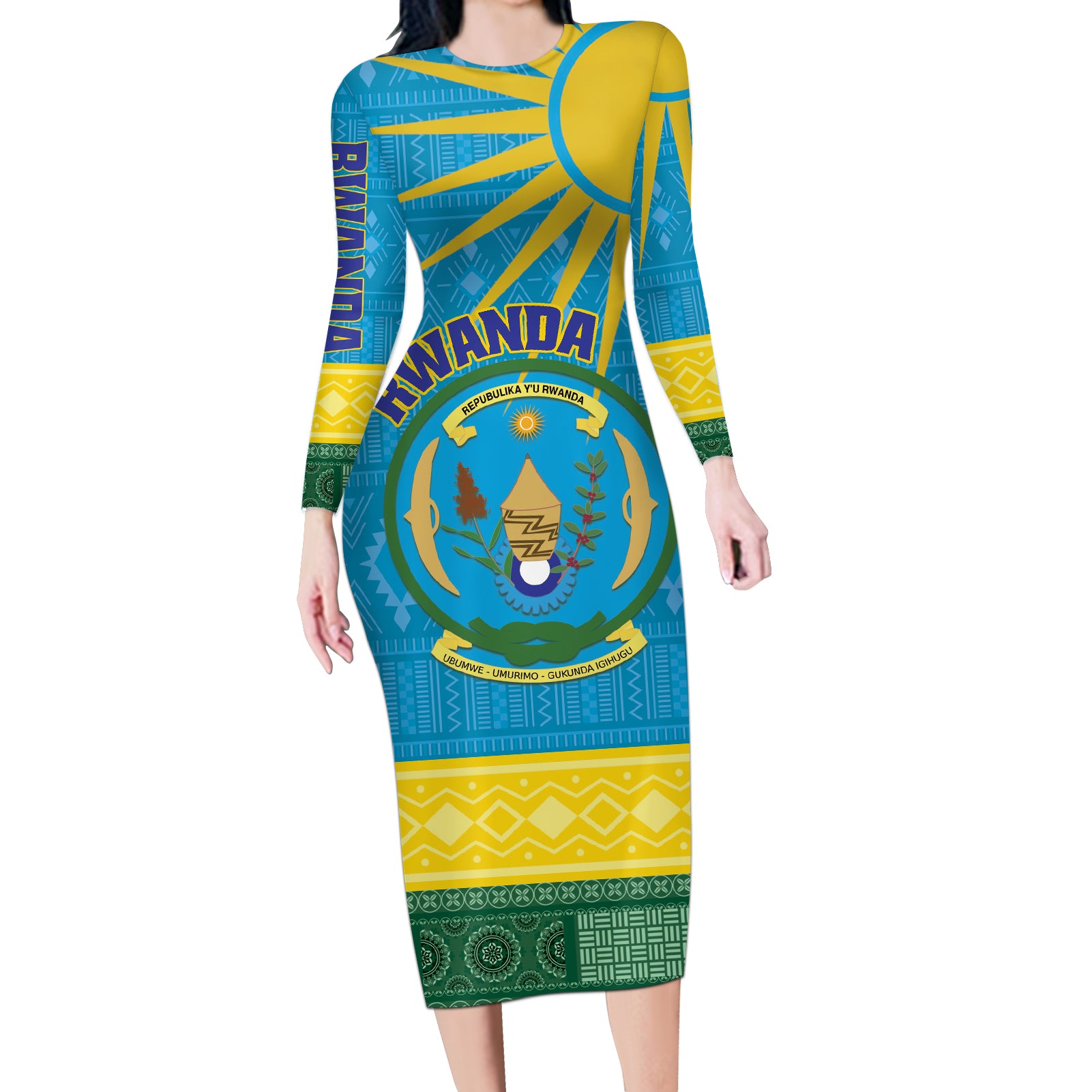 Personalized Rwanda Long Sleeve Bodycon Dress Coat of Arms With African Pattern