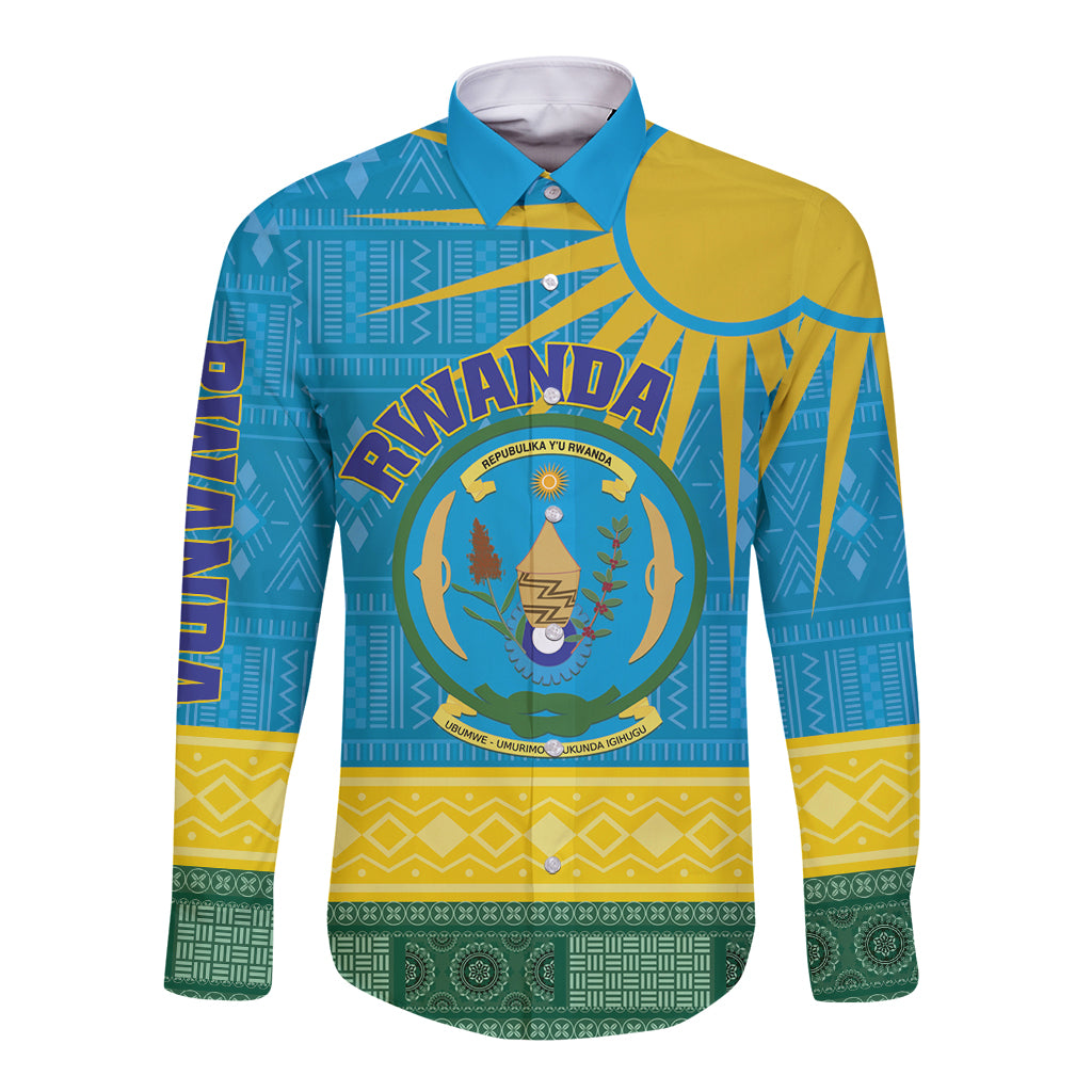 Long-sleeve button shirt with Rwanda coat of arms and blue African pattern