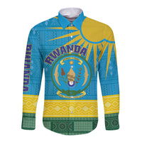 Long-sleeve button shirt with Rwanda coat of arms and blue African pattern