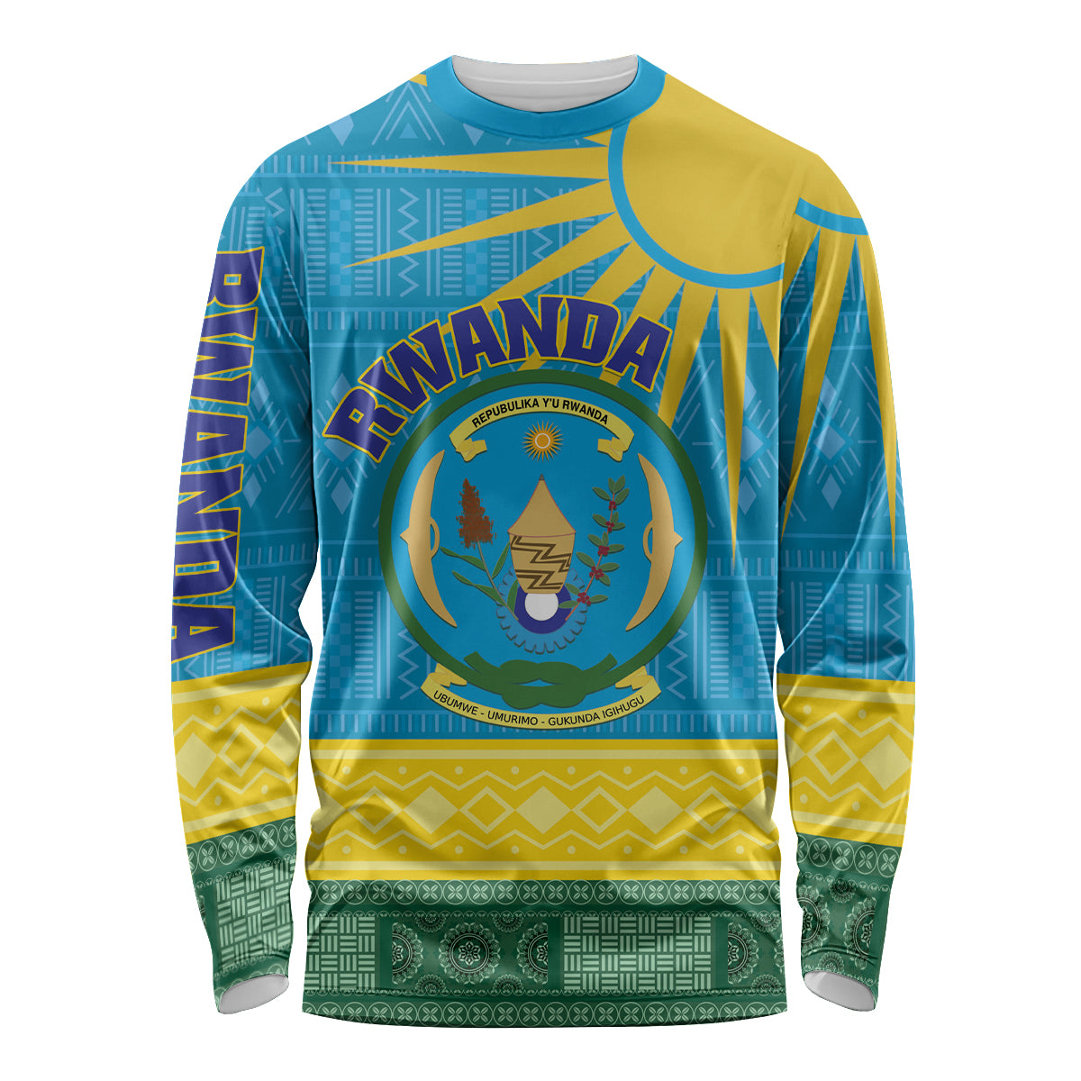 Personalized Rwanda Long Sleeve Shirt Coat of Arms With African Pattern - Wonder Print Shop