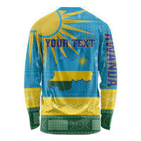 Unisex long-sleeve shirt, back view, blue yellow green map pattern and customizable text