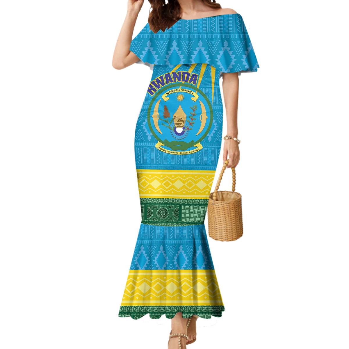 Personalized Rwanda Mermaid Dress Coat of Arms With African Pattern