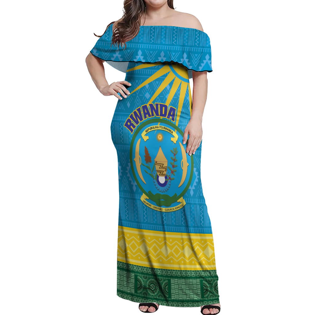 Personalized Rwanda Off Shoulder Maxi Dress Coat of Arms With African Pattern