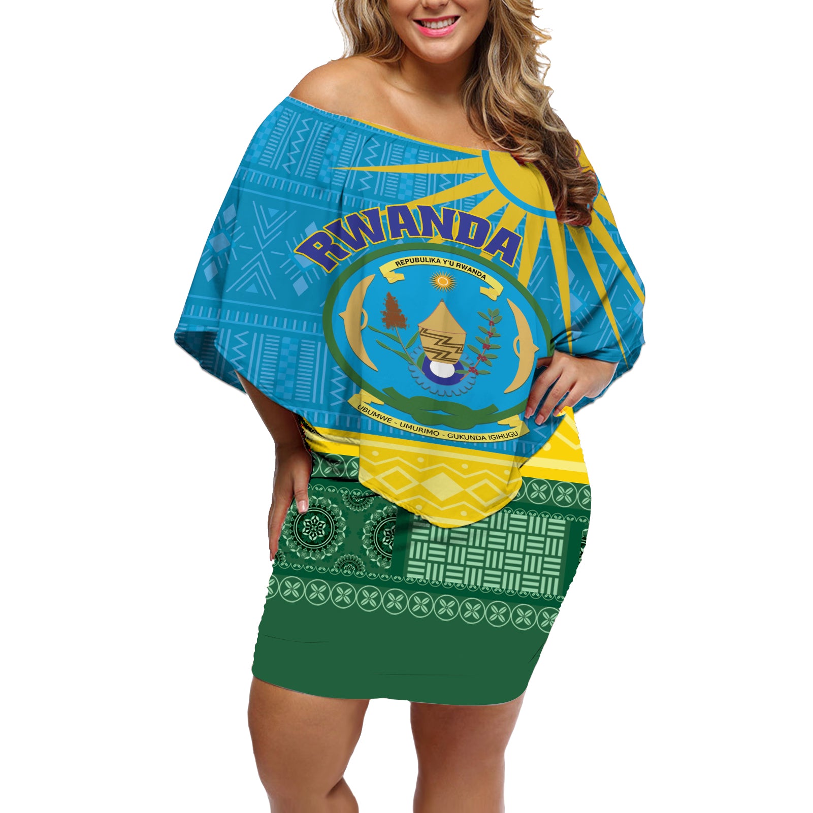 Personalized Rwanda Off Shoulder Short Dress Coat of Arms With African Pattern