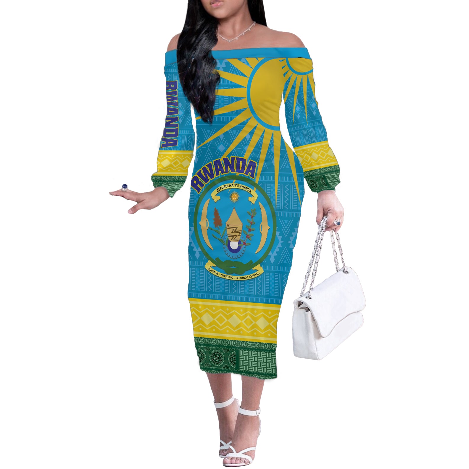 Personalized Rwanda Off The Shoulder Long Sleeve Dress Coat of Arms With African Pattern