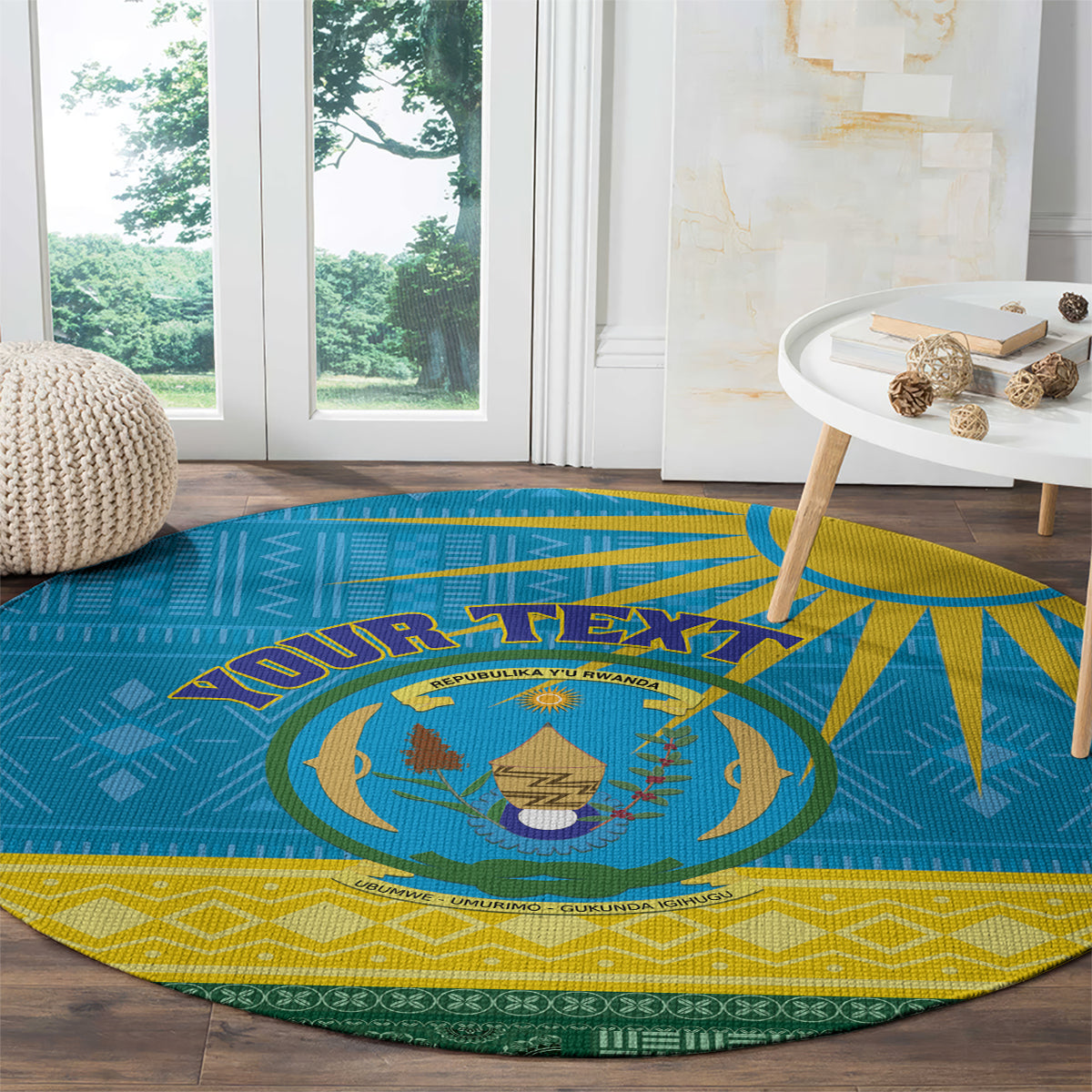 Round blue Rwanda rug with coat-of-arms crest, yellow rays, and green patterned edge