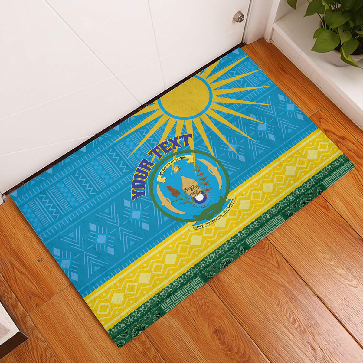 Personalized Rwanda Rubber Doormat Coat of Arms With African Pattern