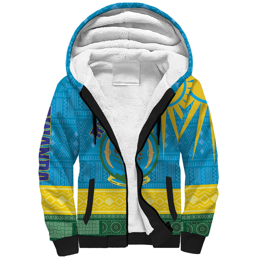 Personalized Rwanda Sherpa Hoodie Coat of Arms With African Pattern