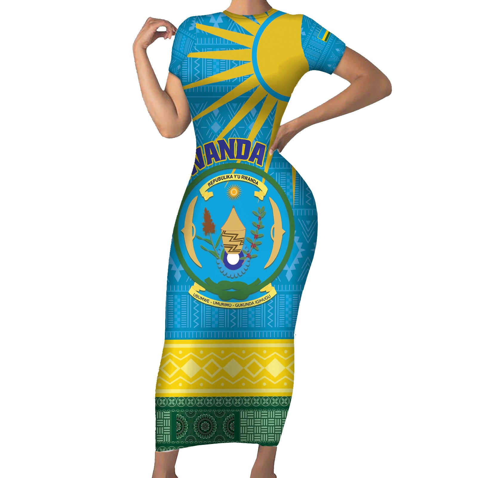 Personalized Rwanda Short Sleeve Bodycon Dress Coat of Arms With African Pattern