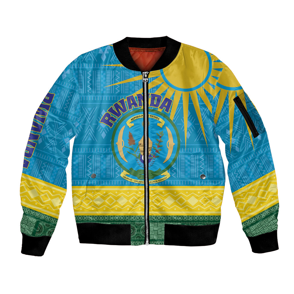 Personalized Rwanda Sleeve Zip Bomber Jacket Coat of Arms With African Pattern