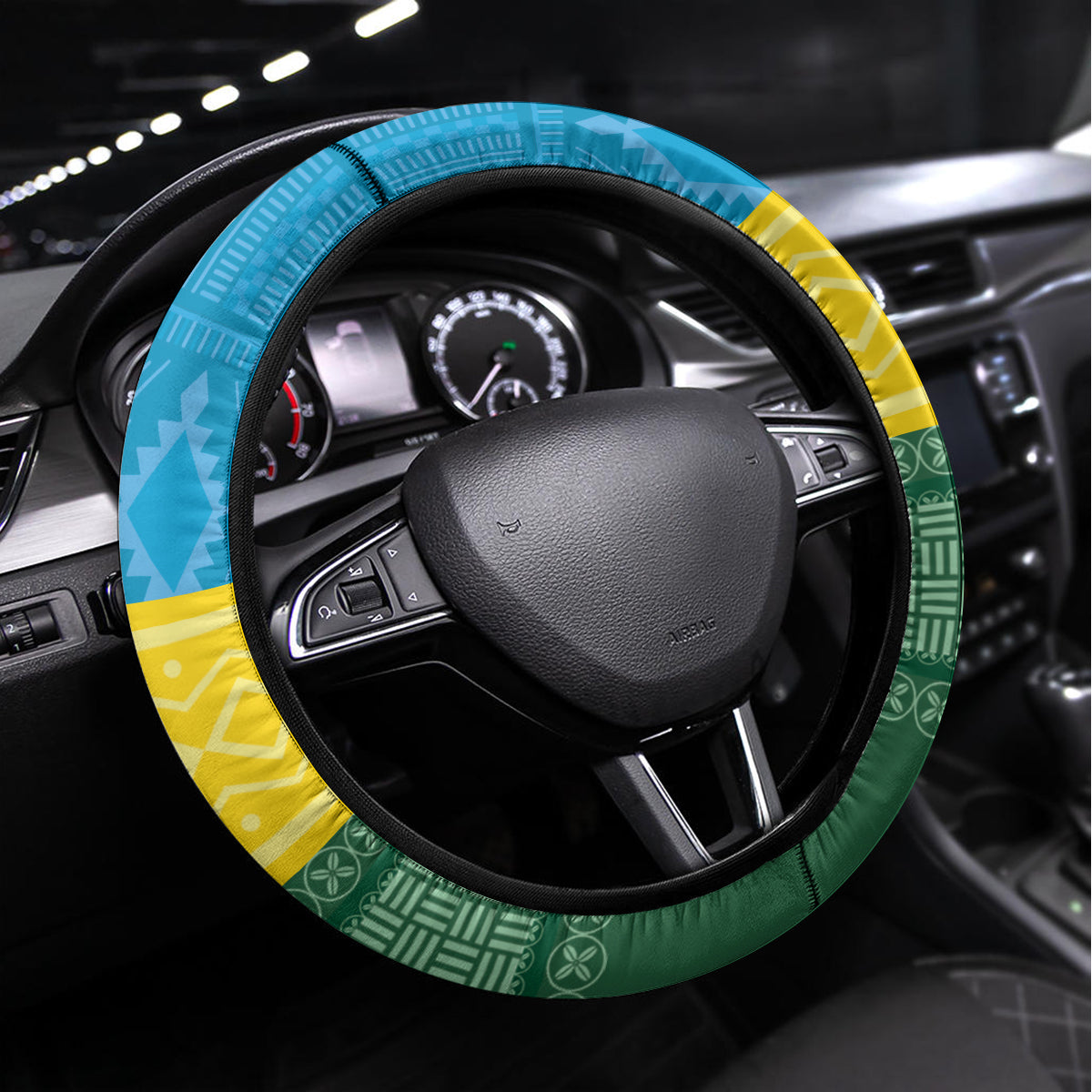 Rwanda Steering Wheel Cover Coat of Arms With African Pattern