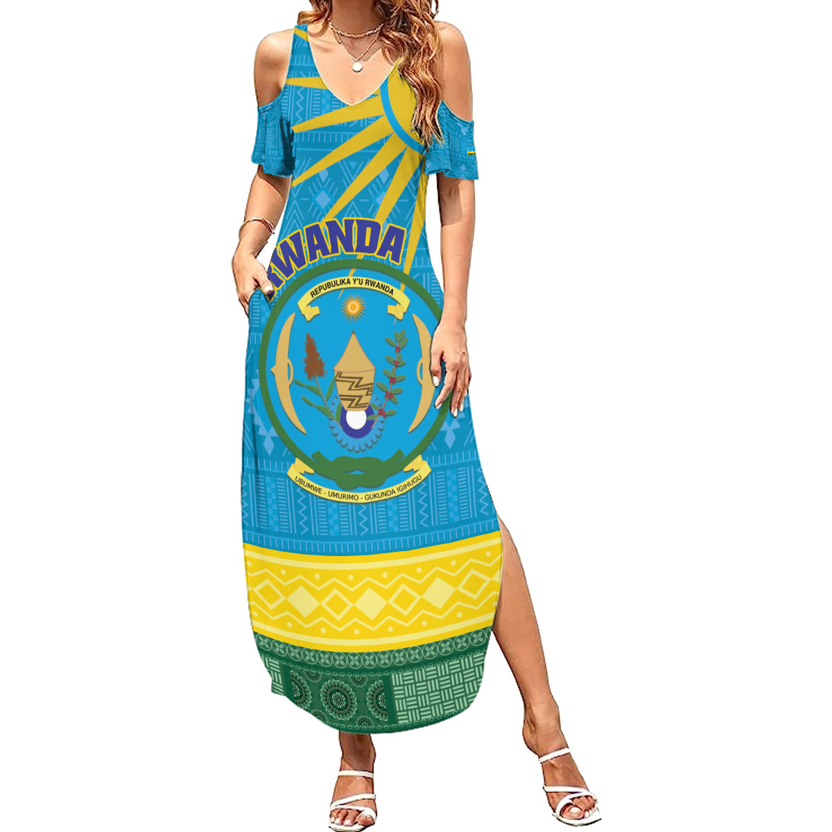 Personalized Rwanda Summer Maxi Dress Coat of Arms With African Pattern