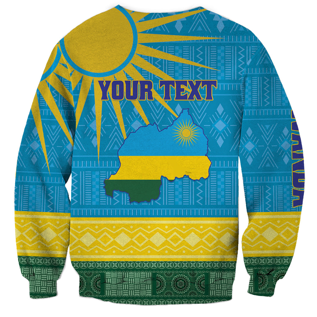 Blue sweatshirt with Rwanda map graphic, custom text, and African geometric border