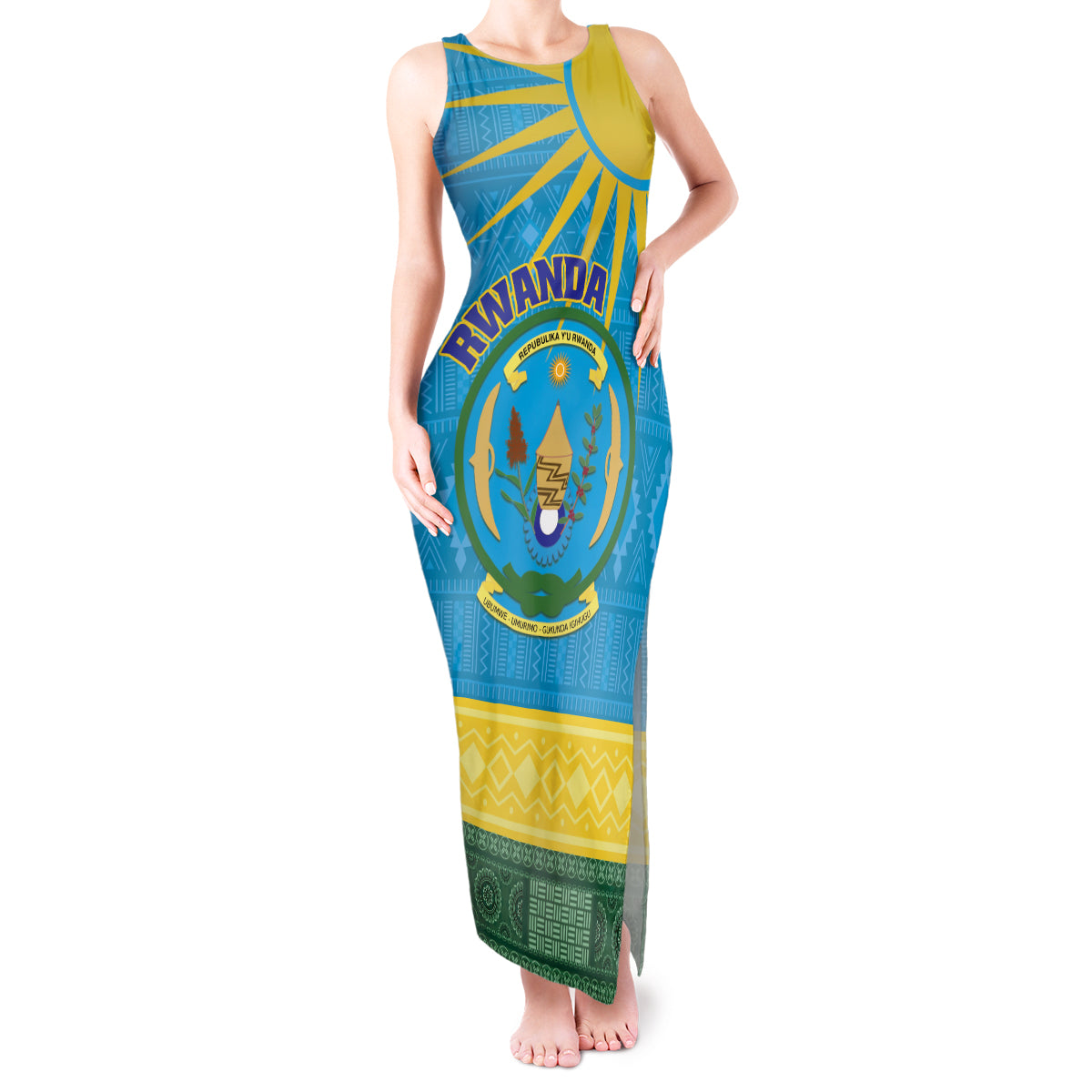 Personalized Rwanda Tank Maxi Dress Coat of Arms With African Pattern