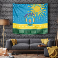 Blue tapestry with sunburst emblem and patterned yellow stripe, green bottom band