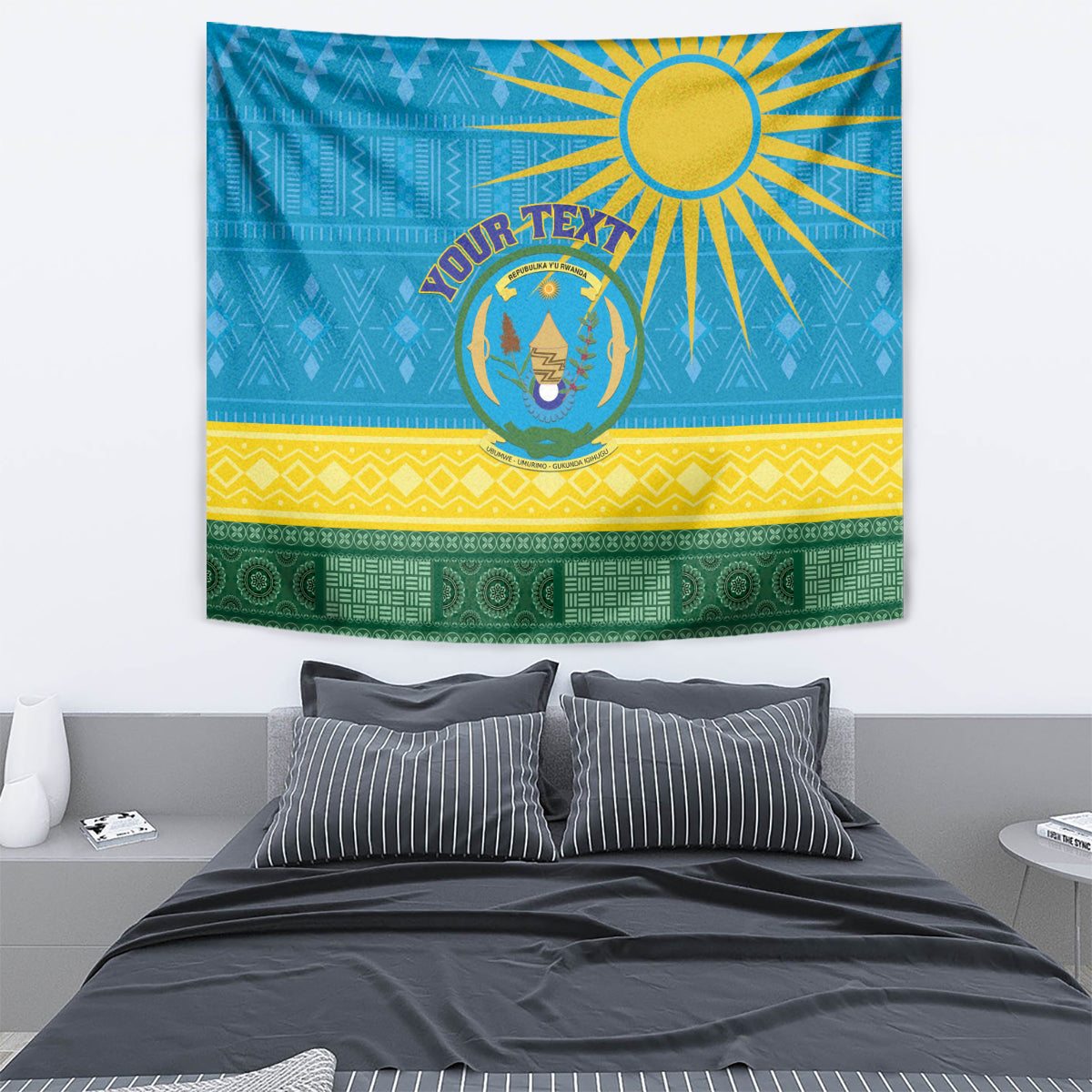Blue Rwanda tapestry with sunburst top, circular coat of arms center, yellow and green stripes