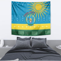 Blue Rwanda tapestry with sunburst top, circular coat of arms center, yellow and green stripes