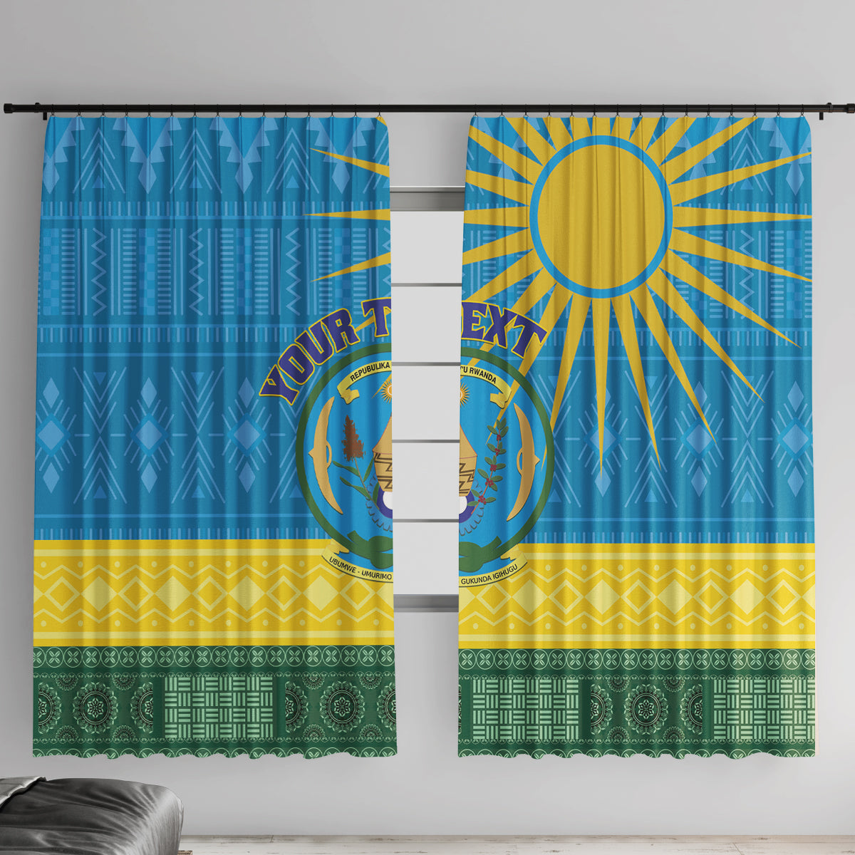 Personalized Rwanda Window Curtain Coat of Arms With African Pattern