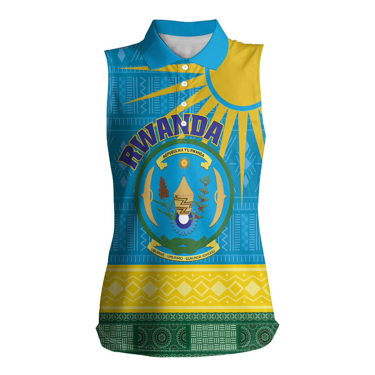 Personalized Rwanda Women Sleeveless Polo Shirt Coat of Arms With African Pattern