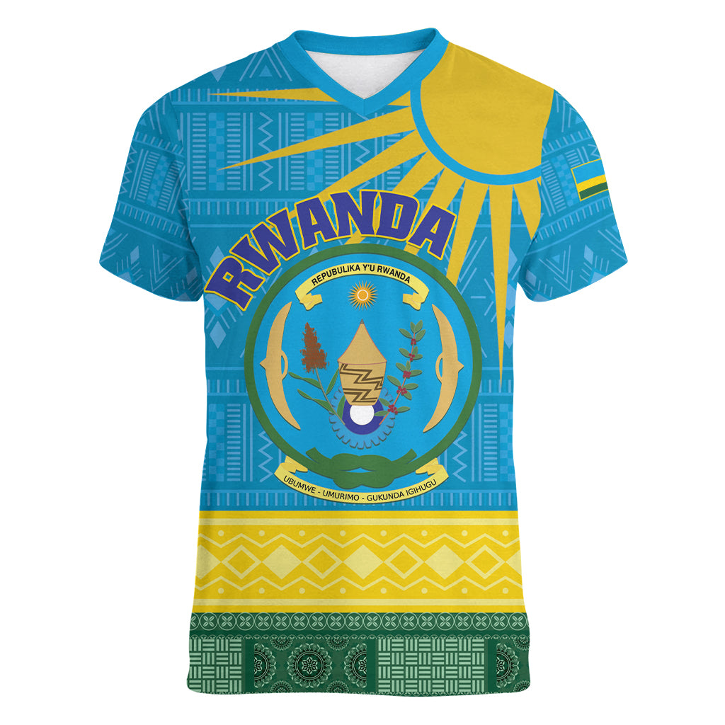 Personalized Rwanda Women V-Neck T-Shirt Coat of Arms With African Pattern