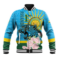 Blue varsity baseball jacket with leopard graphic, roses, and striped ribbed trim