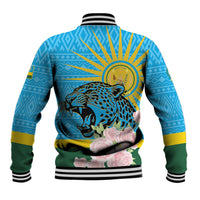 Back view blue varsity baseball jacket with leopard graphic, roses, striped ribbed hem