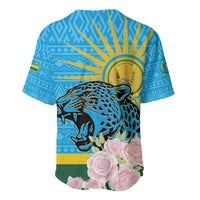 Blue baseball jersey with leopard face, rose cluster hem, and sunburst emblem
