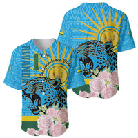 Blue baseball jersey with leopard face and roses, sunburst emblem on back view