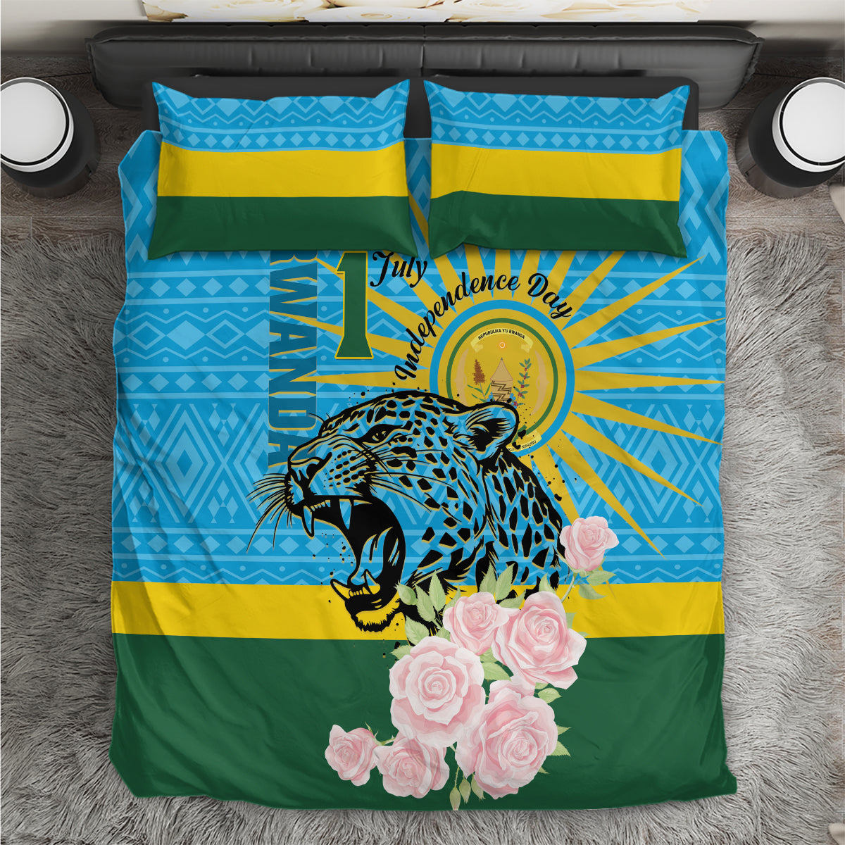 Blue, yellow and green bedding set with leopard and pink rose graphics; includes 2 pillowcases