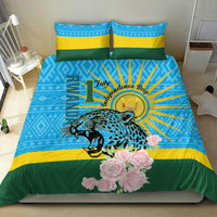 Blue, yellow and green bedding set with leopard graphic and pink rose cluster; 2 pillowcases