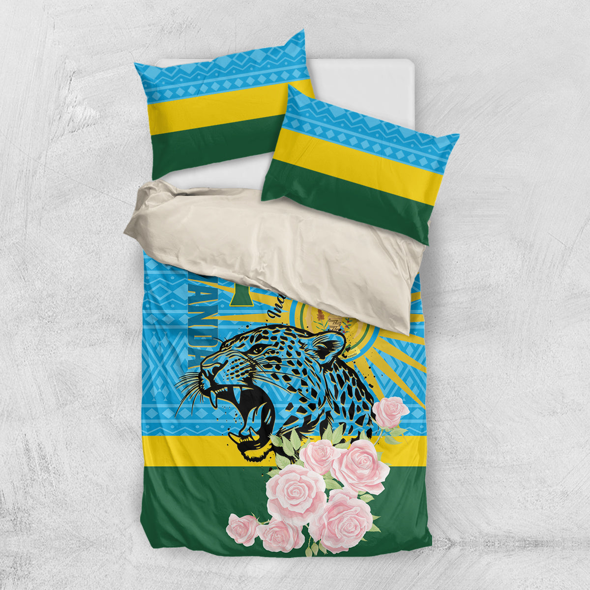 Leopard and pink rose bedding set, blue with yellow and green stripes; includes duvet and 2 pillows