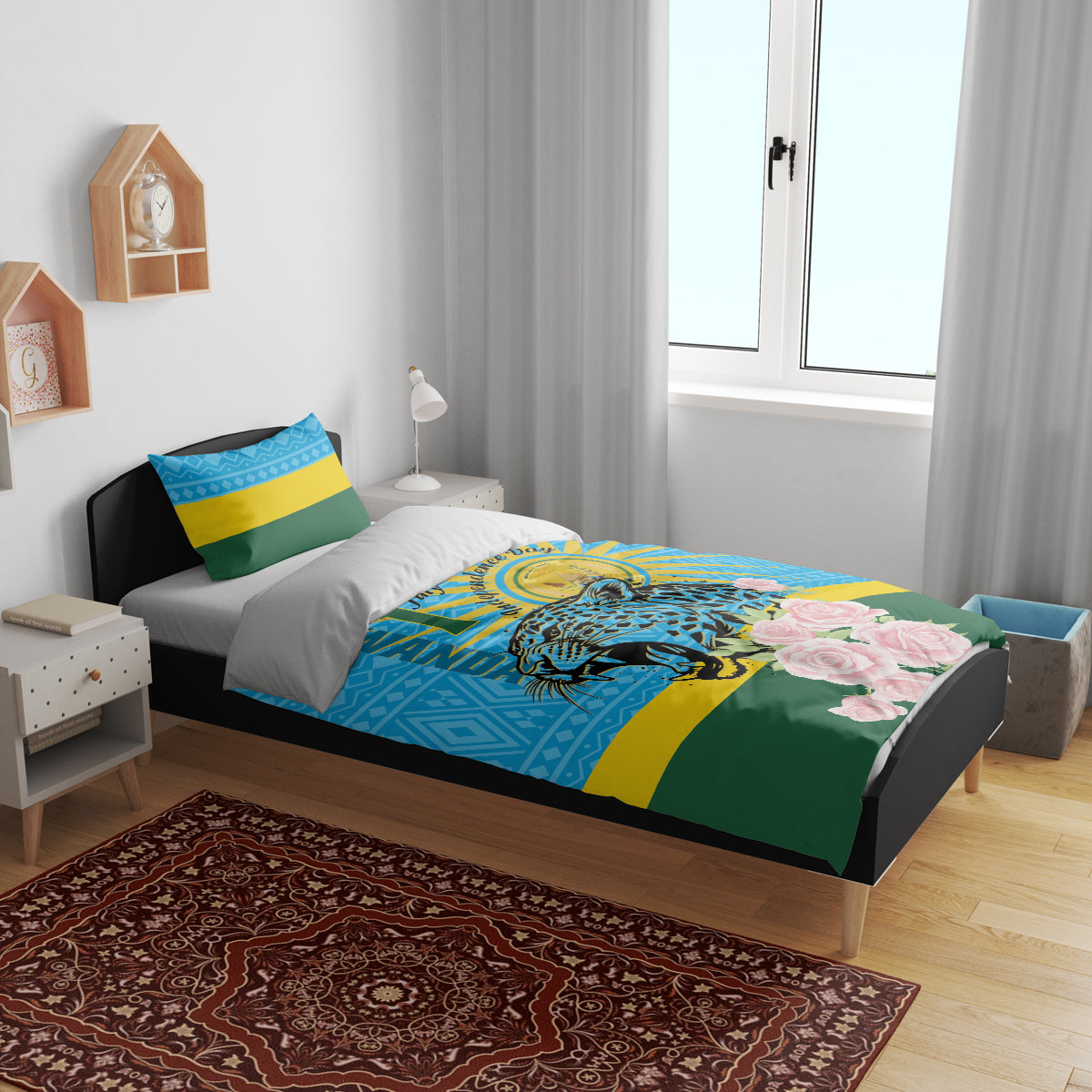 Blue, yellow and green bedding set showing leopard and pink roses; duvet with 2 pillowcases
