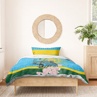 Blue, yellow and green bedding set with leopard graphic and pink roses; includes 2 pillowcases