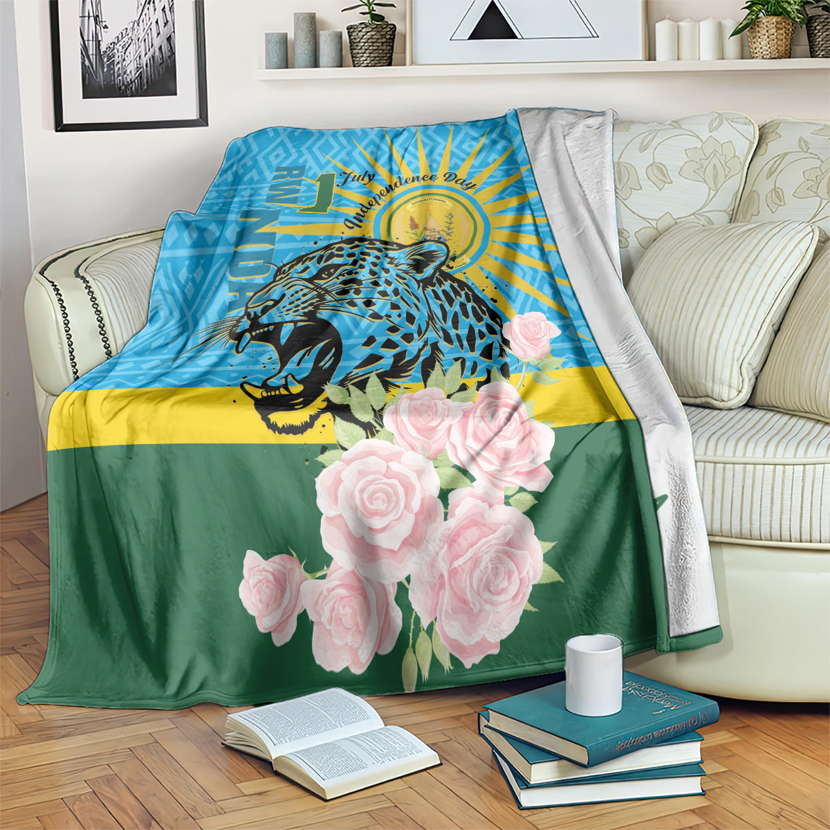 Blue, green and yellow leopard and rose graphic blanket, draped on couch