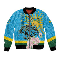 Unisex blue bomber jacket with leopard graphic, roses, and front zipper