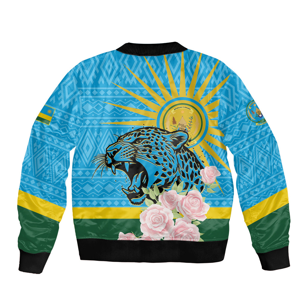 Unisex blue bomber jacket with leopard head, sunburst back print, and roses