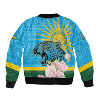 Unisex blue bomber jacket with leopard head, sunburst back print, and roses