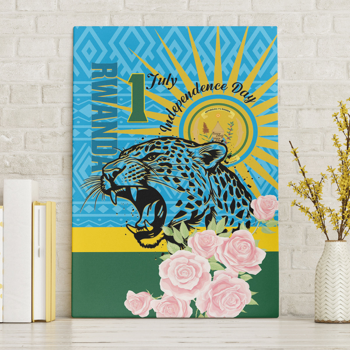 Rwanda Independence Day Canvas Wall Art Leopard With Roses - Wonder Print Shop