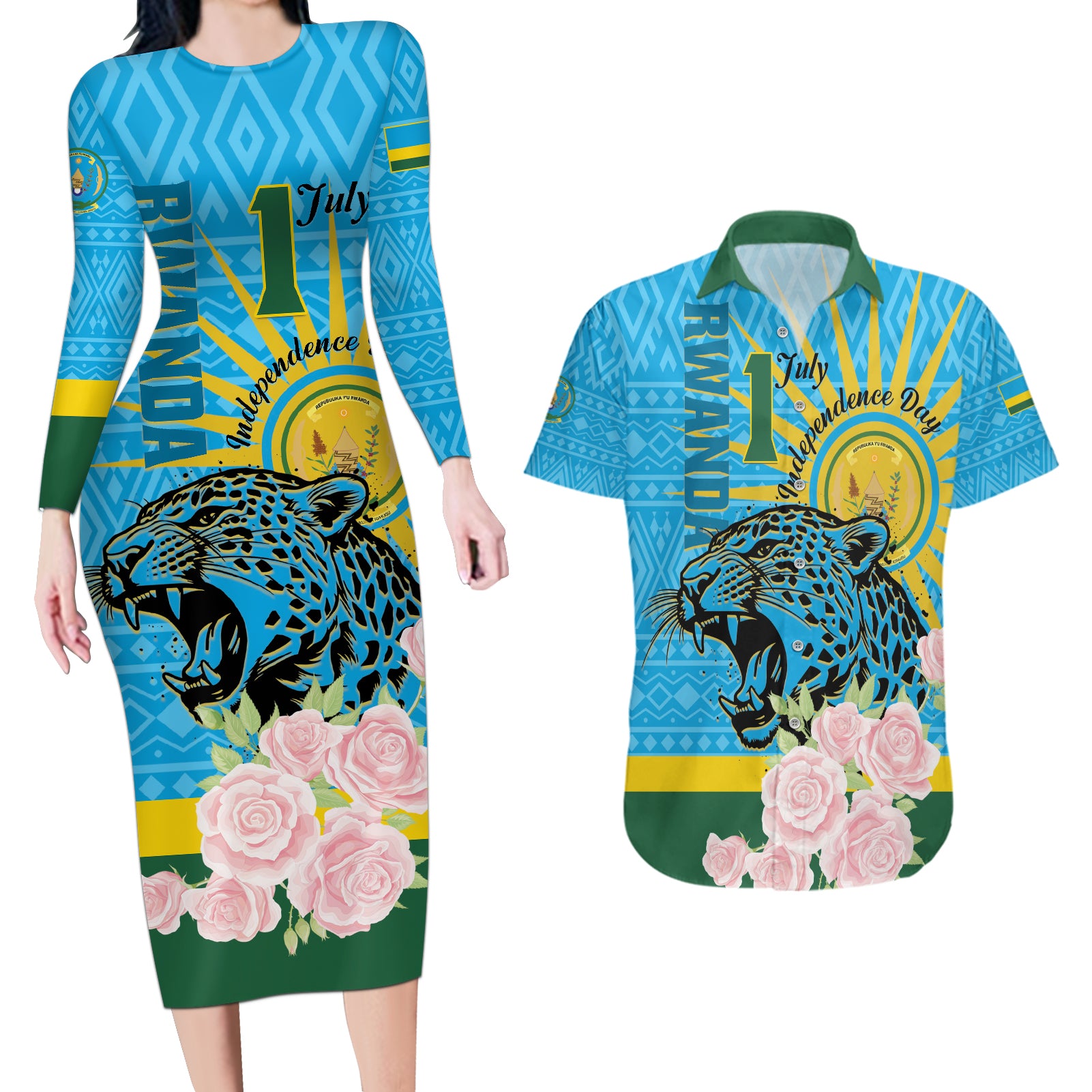 Rwanda Independence Day Couples Matching Long Sleeve Bodycon Dress and Hawaiian Shirt Leopard With Roses - Wonder Print Shop