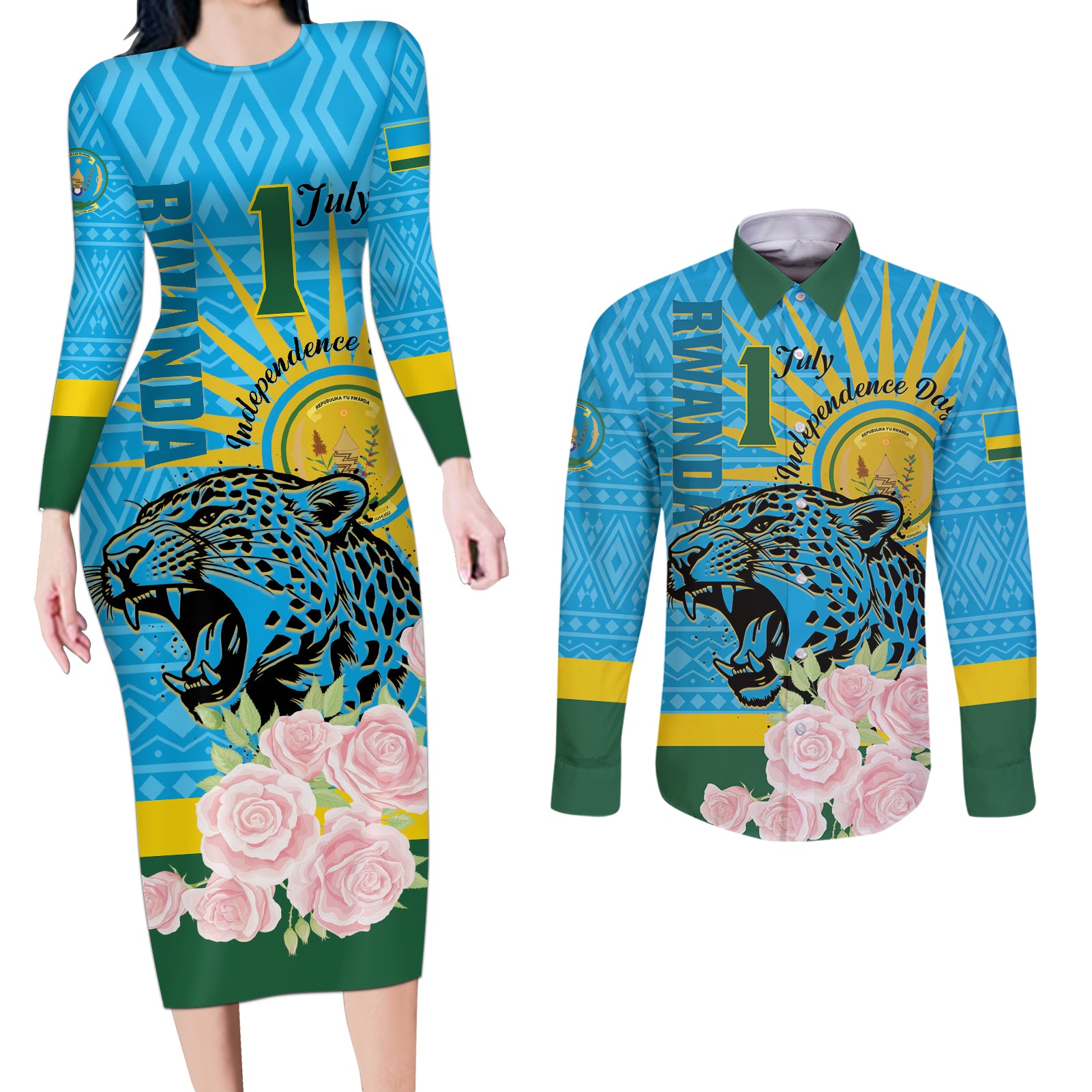 Rwanda Independence Day Couples Matching Long Sleeve Bodycon Dress and Long Sleeve Button Shirt Leopard With Roses - Wonder Print Shop