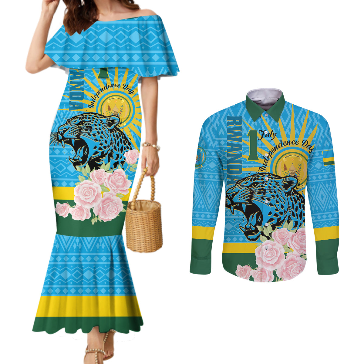 Rwanda Independence Day Couples Matching Mermaid Dress and Long Sleeve Button Shirt Leopard With Roses