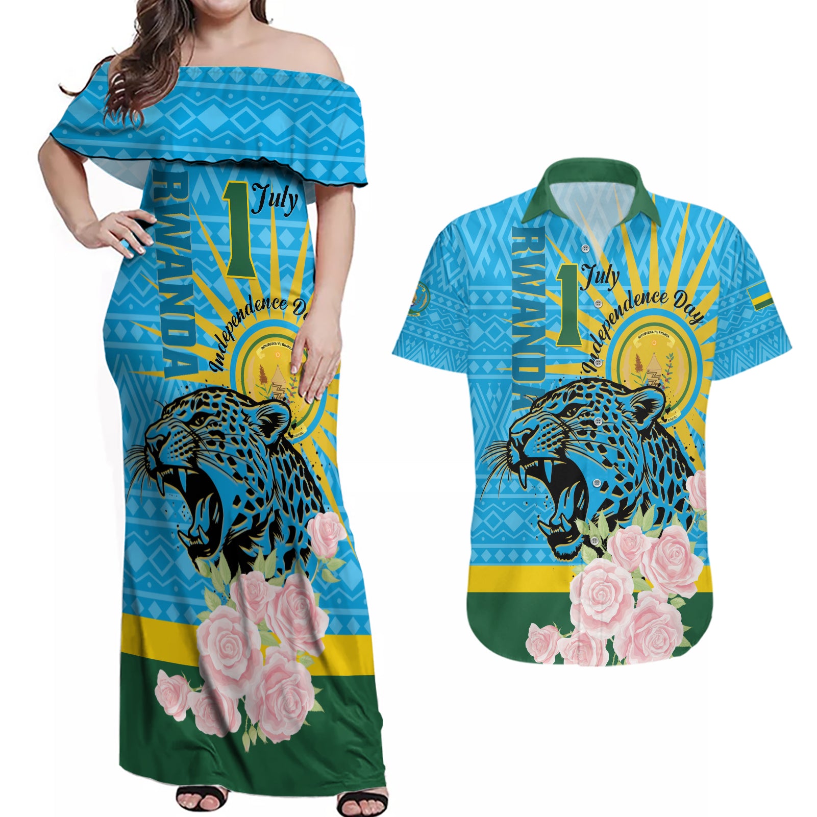 Rwanda Independence Day Couples Matching Off Shoulder Maxi Dress and Hawaiian Shirt Leopard With Roses - Wonder Print Shop