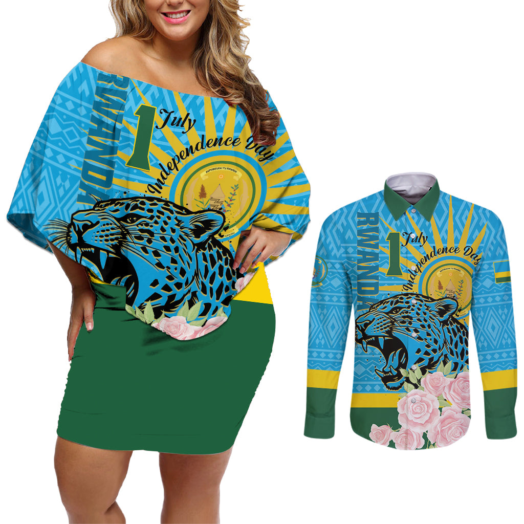 Rwanda Independence Day Couples Matching Off Shoulder Short Dress and Long Sleeve Button Shirt Leopard With Roses - Wonder Print Shop