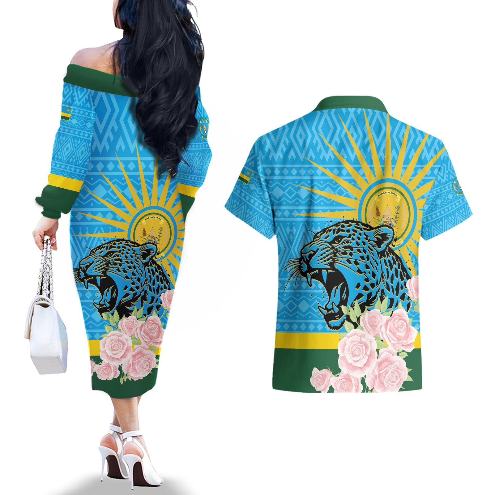 Rwanda Independence Day Couples Matching Off The Shoulder Long Sleeve Dress and Hawaiian Shirt Leopard With Roses - Wonder Print Shop