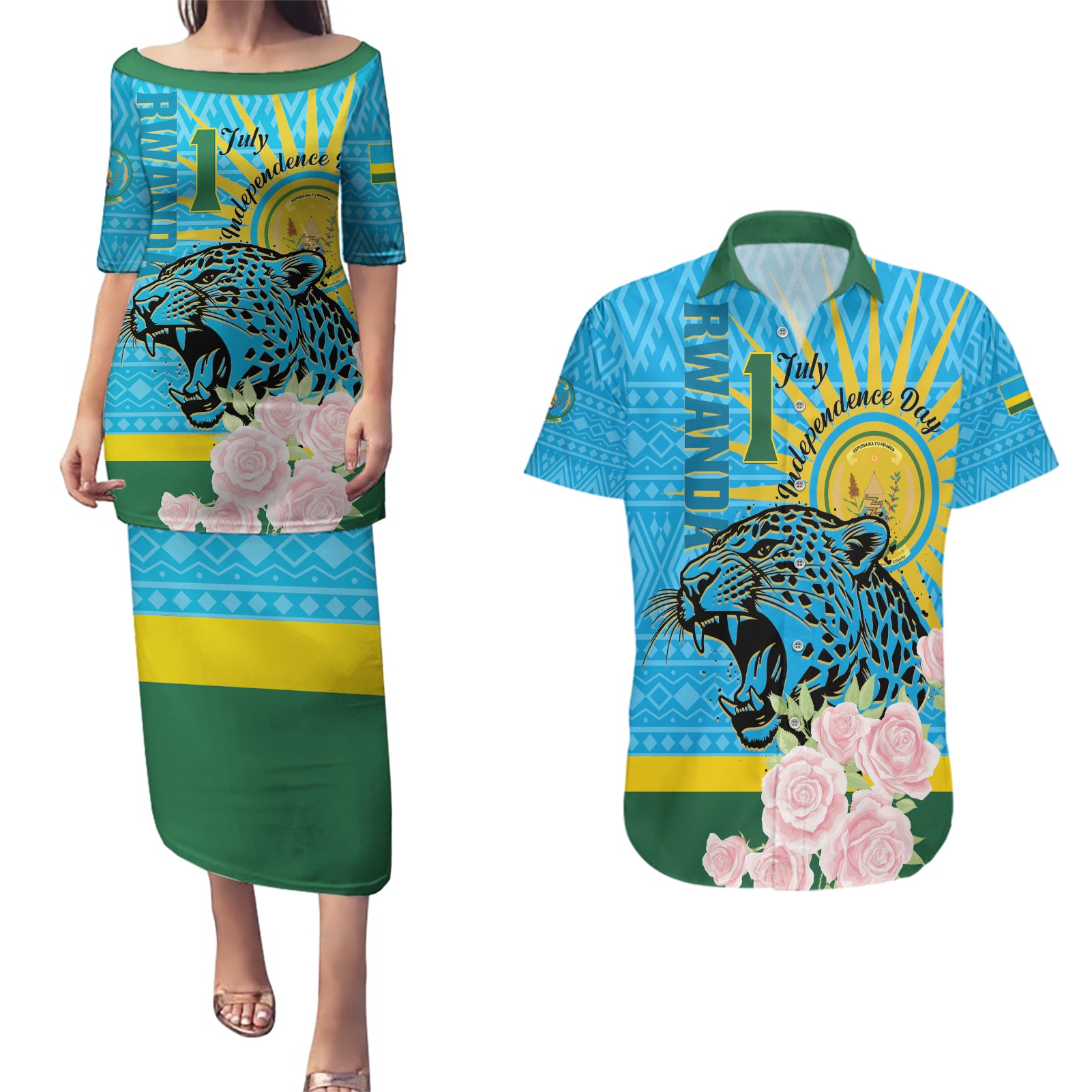 Rwanda Independence Day Couples Matching Puletasi and Hawaiian Shirt Leopard With Roses - Wonder Print Shop