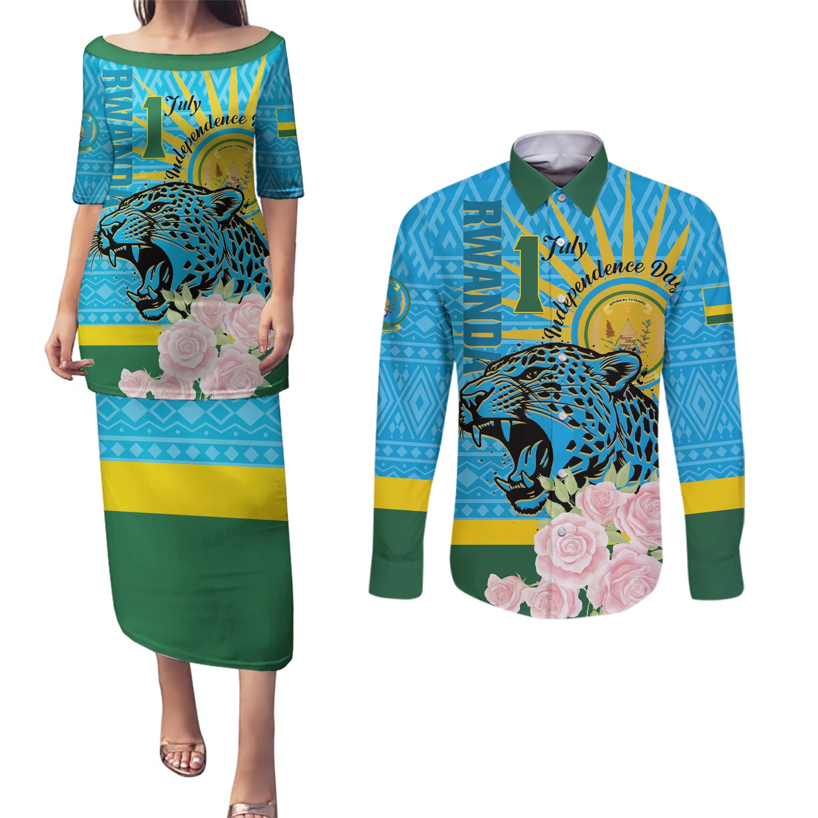 Rwanda Independence Day Couples Matching Puletasi and Long Sleeve Button Shirt Leopard With Roses - Wonder Print Shop